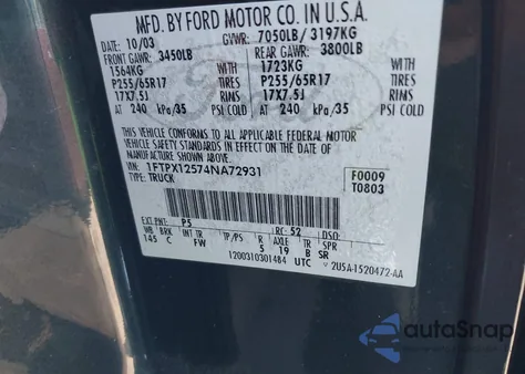 2004 Ford F150 z USA, uszkodzony, nr VIN 1FTPX12574NA72931